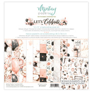 Mintay Papers 'Let's Celebrate' 12x12 scrapbooking paper set, featuring 12 double-sided printed sheets with pink, black, and white patterns including balloons, stars, and party decorations.