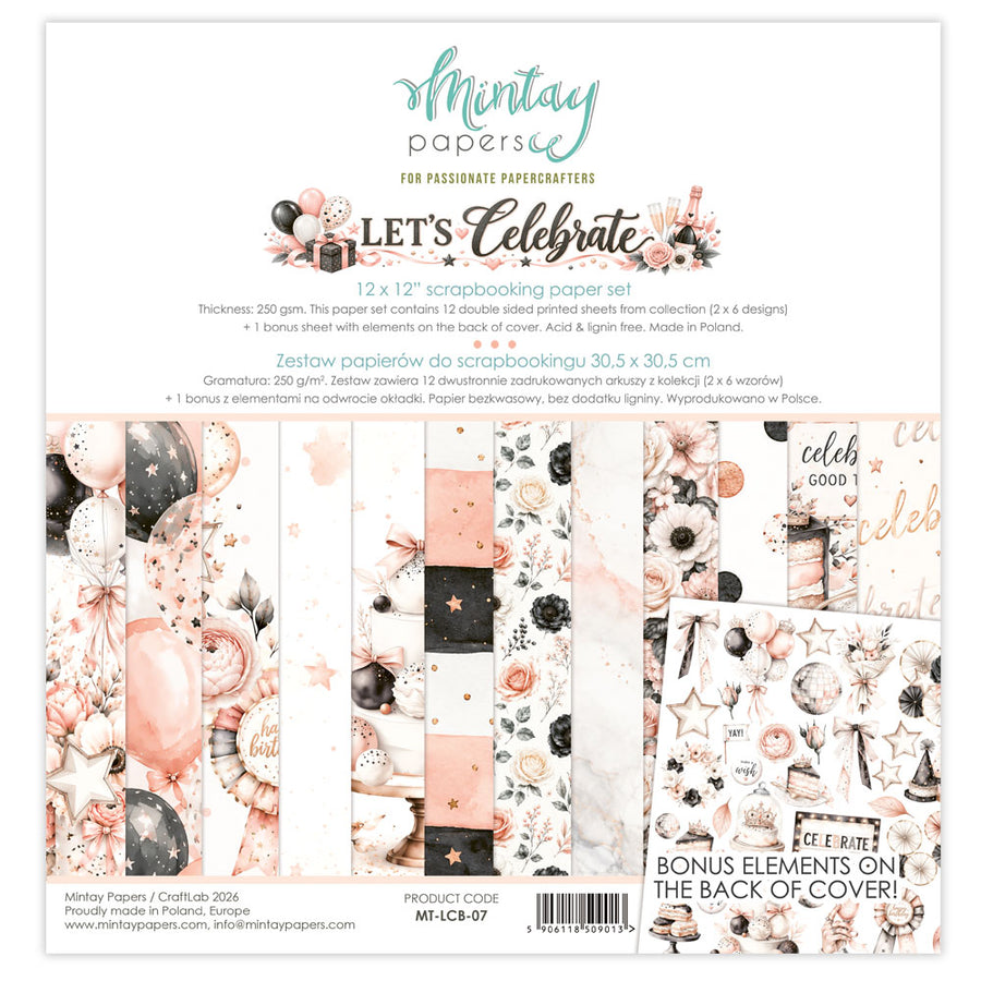 Mintay Papers 'Let's Celebrate' 12x12 scrapbooking paper set, featuring 12 double-sided printed sheets with pink, black, and white patterns including balloons, stars, and party decorations.