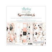 Mintay Papers 'Let's Celebrate' 8x8 scrapbooking paper set, featuring a white backing card with floral and balloon-themed patterned sheets displayed on the front.