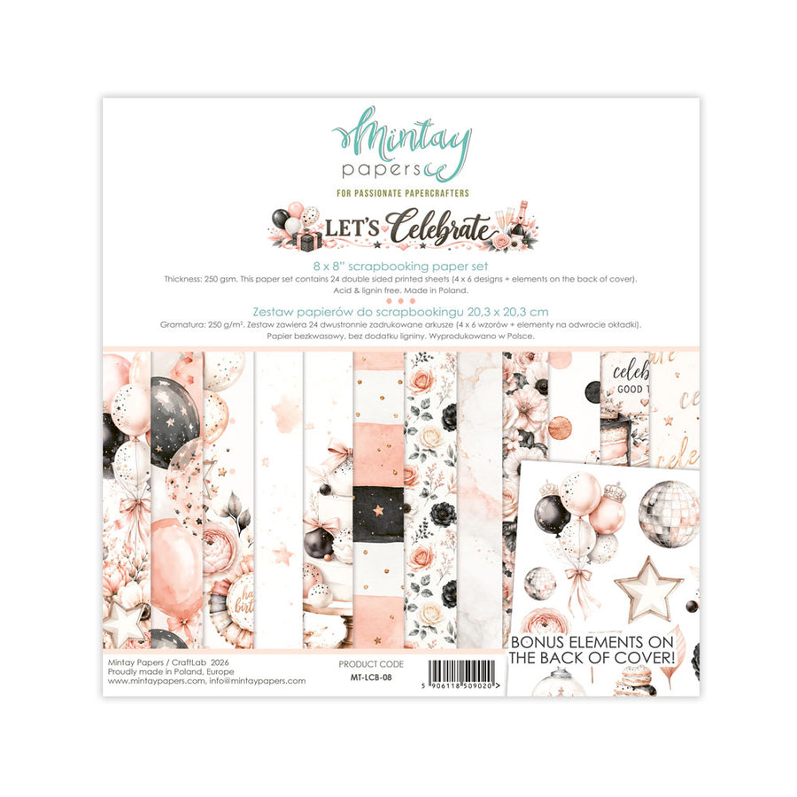 Mintay Papers 'Let's Celebrate' 8x8 scrapbooking paper set, featuring a white backing card with floral and balloon-themed patterned sheets displayed on the front.