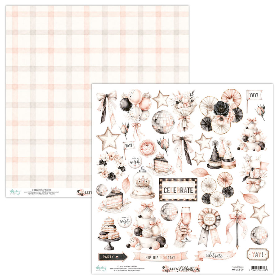 Double-sided sheet of scrapbooking paper from the brand 'Mintay Papers' shown on a clean white background. The left sheet features a light pink and beige gingham plaid pattern, while the right sheet displays a festive collection of vintage-themed illustrations including cakes, champagne glasses, stars, ribbons, and celebratory signs in a soft beige, pink, and black color palette. Mintay Papers Let's Celebrate 12" x 12" Elements Fussy Cutting Sheet