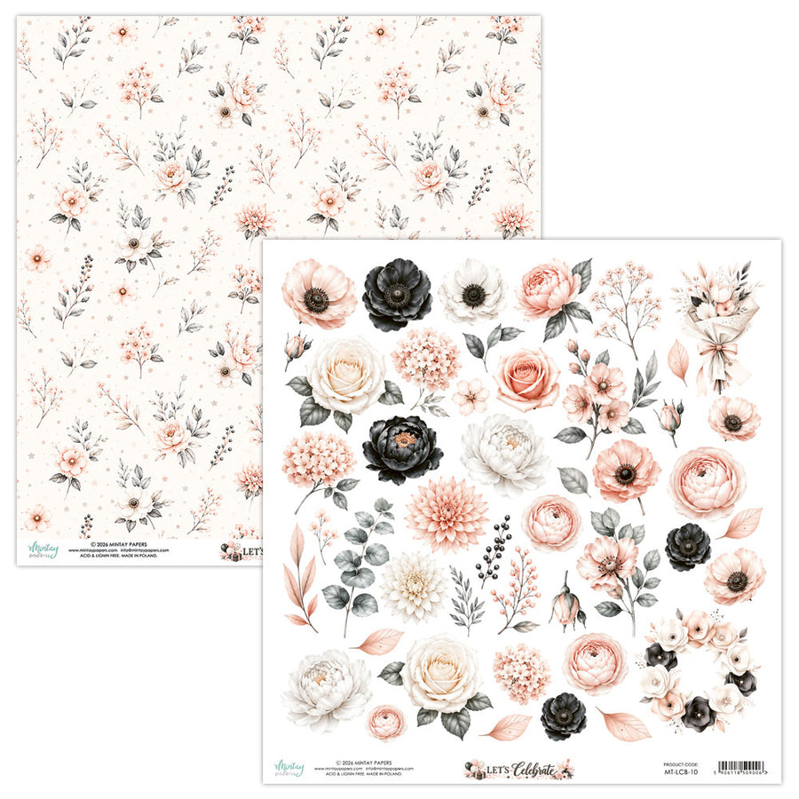 Double-sided sheet of floral scrapbook paper from Mintay Papers Let's Celebrate collection, featuring delicate watercolor-style flowers and foliage in blush pink, white, and black on a warm cream background.