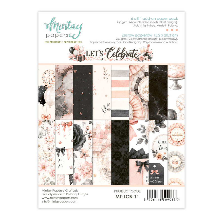 A sheet of Mintay Papers add-on paper pack featuring 11 different patterned sheets with a retro summer theme, including pink and white stripes, black and white marble, balloons, and floral designs. The packaging is white with teal and pink branding. Mintay Papers Let's Celebrate 6" x 8" Add-on Paper Pad