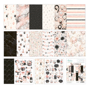 A collage of multiple swatches and pattern sheets featuring coordinated party and floral designs in blush pink, black, white, and beige tones. The designs include marble, stripes, balloons, flowers, banners, and decorative motifs, with one sheet showing a branded cover. Mintay Papers Let's Celebrate 6" x 8" Add-on Paper Pad