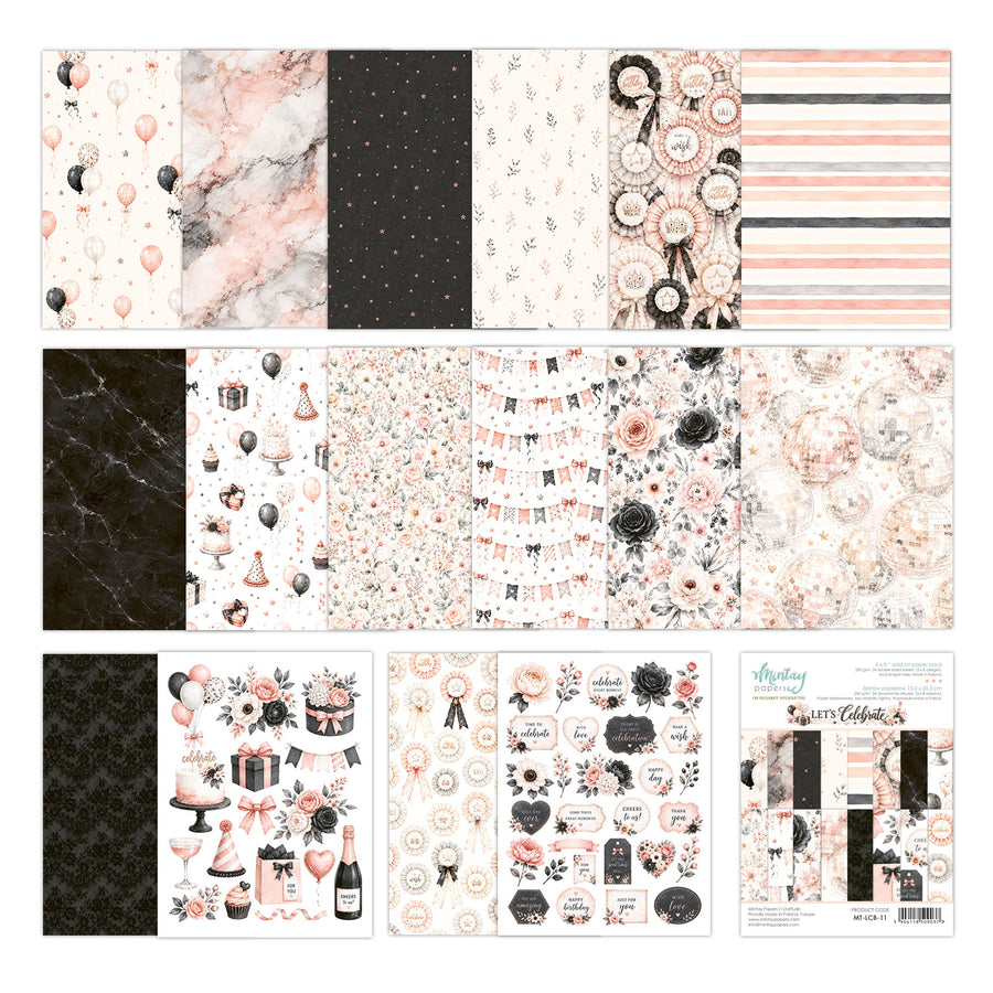A collage of multiple swatches and pattern sheets featuring coordinated party and floral designs in blush pink, black, white, and beige tones. The designs include marble, stripes, balloons, flowers, banners, and decorative motifs, with one sheet showing a branded cover. Mintay Papers Let's Celebrate 6" x 8" Add-on Paper Pad