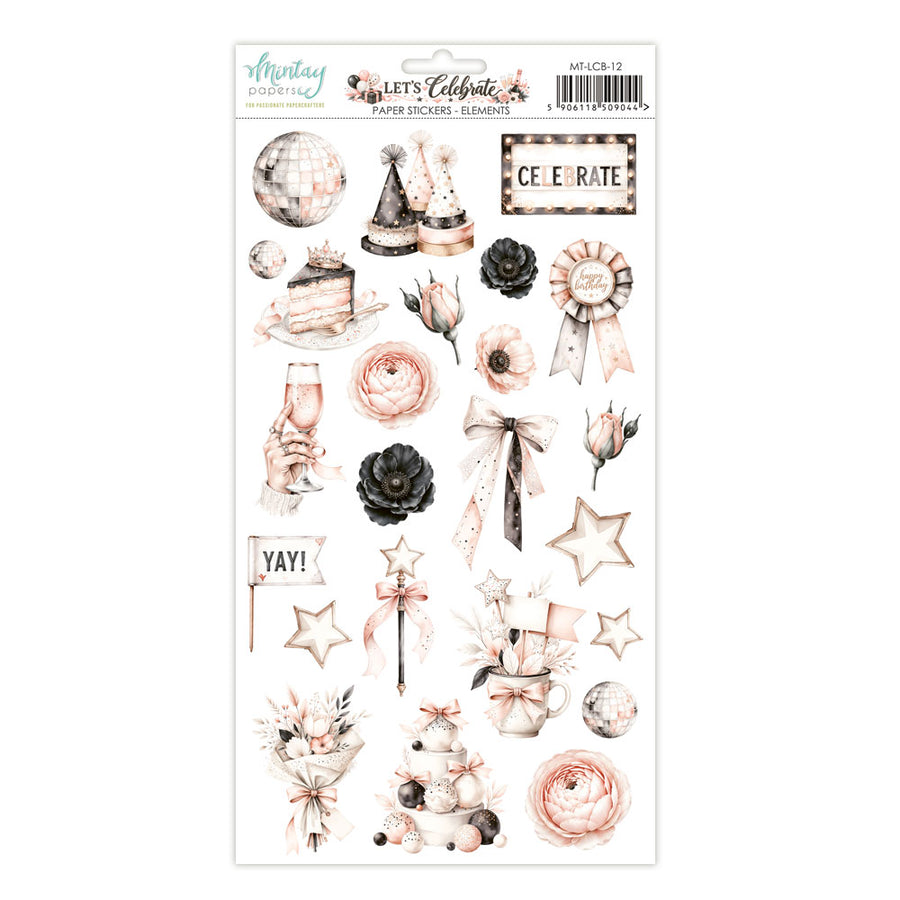 A sheet of Mintay Papers elements stickers featuring elegant party and celebration motifs in dusty pink, beige, and black, including a disco ball, party hat, cake, roses, ribbons, stars, and banners. Mintay Papers Let's Celebrate 6" x 12" Elements Sticker Sheet