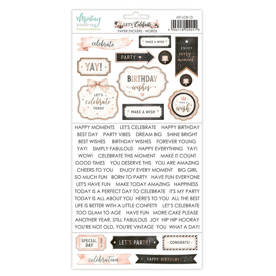 A sheet of Minnie Potter 'Let's Celebrate! Party Paper Words' stickers, featuring various retro-style labels, banners, and text elements in beige, black, and white, with a list of included phrases and codes printed below.