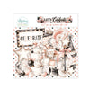 A pack of die cut elementst featuring a celebratory party theme. The design includes pink and white polka dots, star cutouts, balloons, ribbons, party hats, disco balls, and signs reading 'CELEBRATE' and 'LET'S Celebrate'. Mintay Papers Let's Celebrate Die Cuts