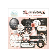 A sheet of party-themed ephemera stickers from Mintay Papers, featuring black, white, and pink designs with celebratory phrases, balloons, signs, and a party hat on a light pink wood-textured background. Mintay Papers Let's Celebrate Ephemera