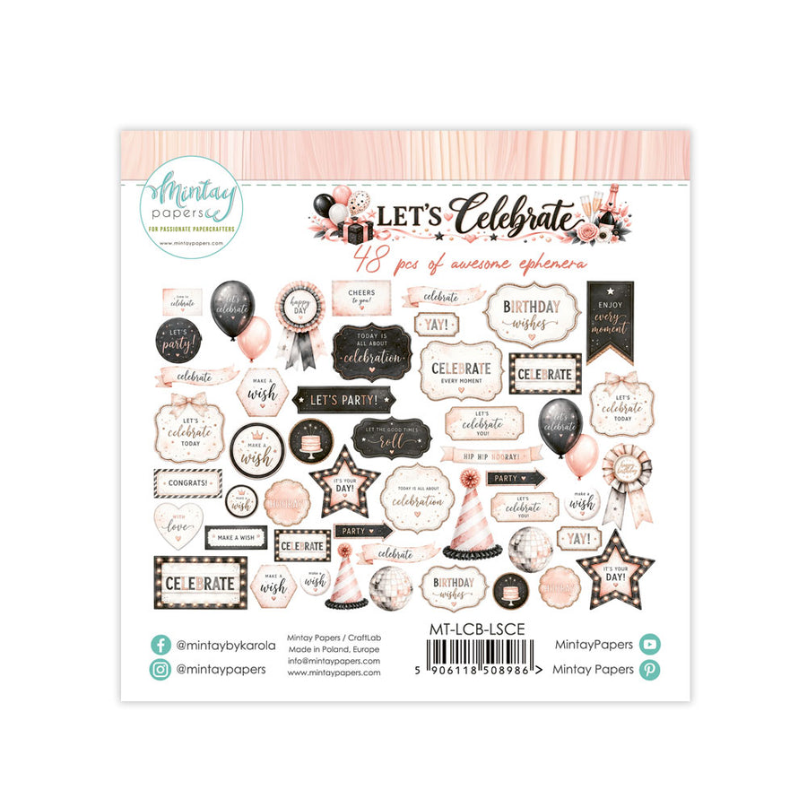 A sheet of Mintay Papers scrapbooking ephemera featuring a rose gold, black, and white 'Let's Celebrate' birthday theme with various decorative labels, banners, and balloons. Mintay Papers Let's Celebrate Ephemera
