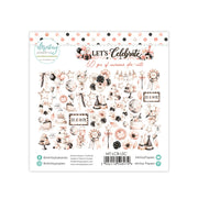 Mintay Papers 'Let's Celebrate' 60-piece die-cut pack back cover, featuring various party-themed illustrations in dusty pink, black, and white on a white backing card.