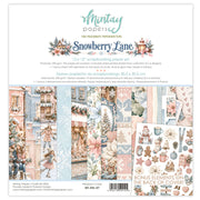 Mintay Papers 'Snowberry Lane' 12x12 scrapbooking paper set, featuring a pastel pink and blue winter village scene with teddy bears, snow, gingerbread cookies, and holiday decorations.