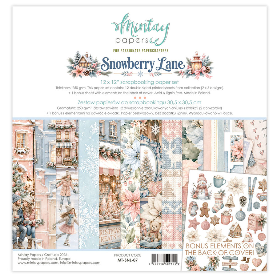 Mintay Papers 'Snowberry Lane' 12x12 scrapbooking paper set, featuring a pastel pink and blue winter village scene with teddy bears, snow, gingerbread cookies, and holiday decorations.