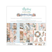 A package of Mintay Papers 'Snowberry Lane' 8 x 8 inch scrapbooking paper set, featuring a white header with teal branding and product details, and a preview of multiple pastel-toned patterned papers with floral and vintage designs.