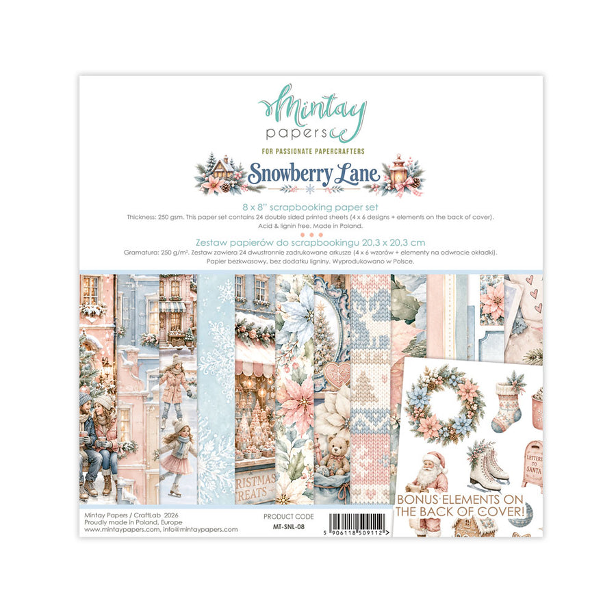 A package of Mintay Papers 'Snowberry Lane' 8 x 8 inch scrapbooking paper set, featuring a white header with teal branding and product details, and a preview of multiple pastel-toned patterned papers with floral and vintage designs.