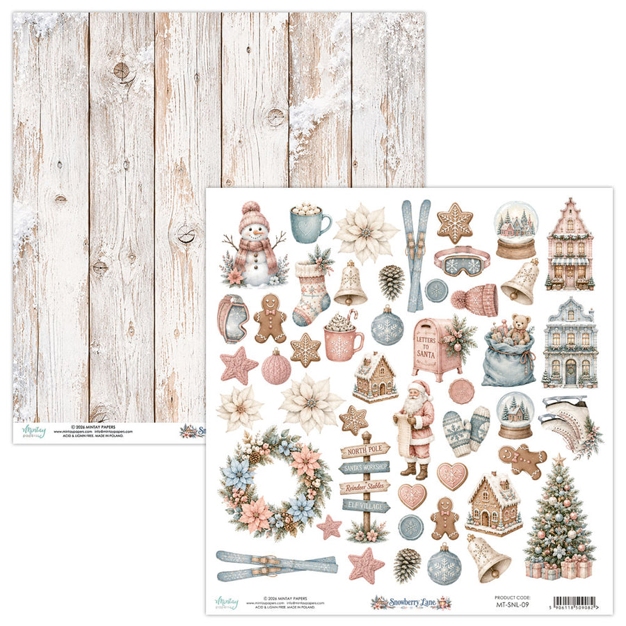 A double-sided sheet of Christmas-themed scrapbooking paper.. The sheet contains illustrated holiday motifs including a snowman, Santa Claus, wreath, pinecones, bells, stars, gingerbread houses, a Christmas tree, and winter accessories in soft pastel tones. Mintay Papers Snowberry Lane 12" x 12" Elements Fussy Cutting Sheet