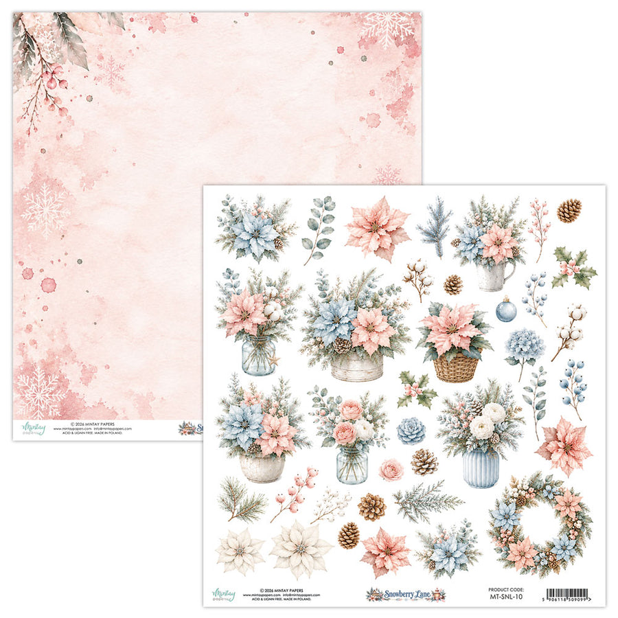 A double-sided sheet of scrapbooking paper from Mintay Papers, featuring a floral and winter botanical design. One sheet is a solid pale pink watercolor wash with subtle snowflakes and sprigs, while the other is a white sheet decorated with watercolor illustrations of poinsettias, blue hydrangeas, mistletoe, pinecones, and wreaths. Mintay Papers Snowberry Lane 12" x 12" Floral Fussy Cutting Paper
