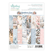 Mintay Papers 'Snowberry Lane' 6 x 8 Add-on paper pack, featuring 24 double-sided dies and 8 designs with a winter-themed collage of snowy houses, trees, stars, and floral patterns.