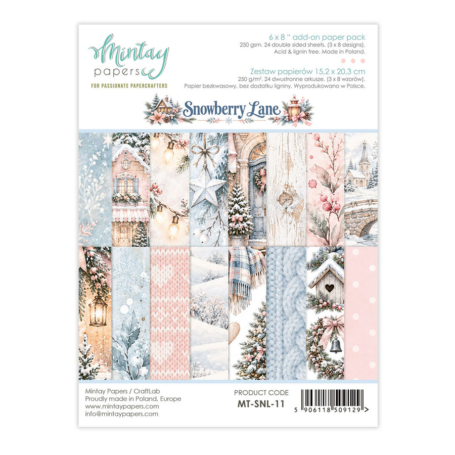 Mintay Papers 'Snowberry Lane' 6 x 8 Add-on paper pack, featuring 24 double-sided dies and 8 designs with a winter-themed collage of snowy houses, trees, stars, and floral patterns.