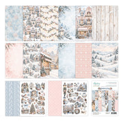 A collection of winter-themed scrapbooking paper sheets and coordinating sticker sheets from the brand 'Mintay Papers'. The designs feature snowy village scenes, cozy houses, snow-covered trees, and soft pastel patterns in shades of blue, pink, beige, and white. Mintay Papers Snowberry Lane 6" x 8" Add-on Paper Pad
