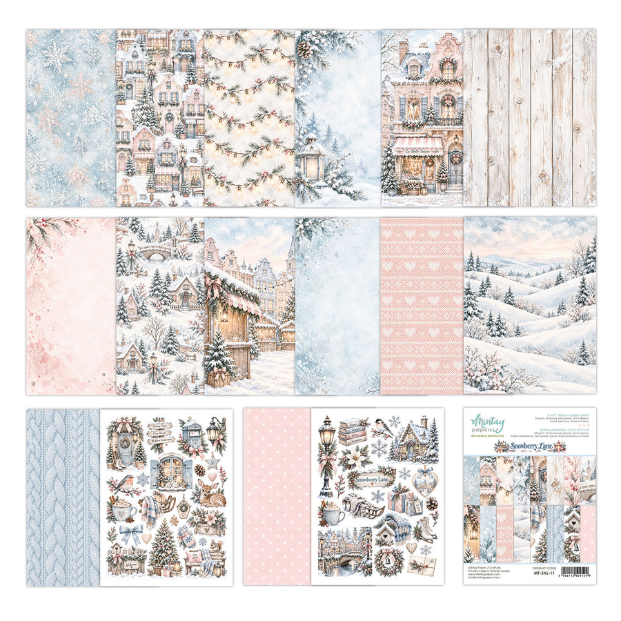 A collection of winter-themed scrapbooking paper sheets and coordinating sticker sheets from the brand 'Mintay Papers'. The designs feature snowy village scenes, cozy houses, snow-covered trees, and soft pastel patterns in shades of blue, pink, beige, and white. Mintay Papers Snowberry Lane 6" x 8" Add-on Paper Pad