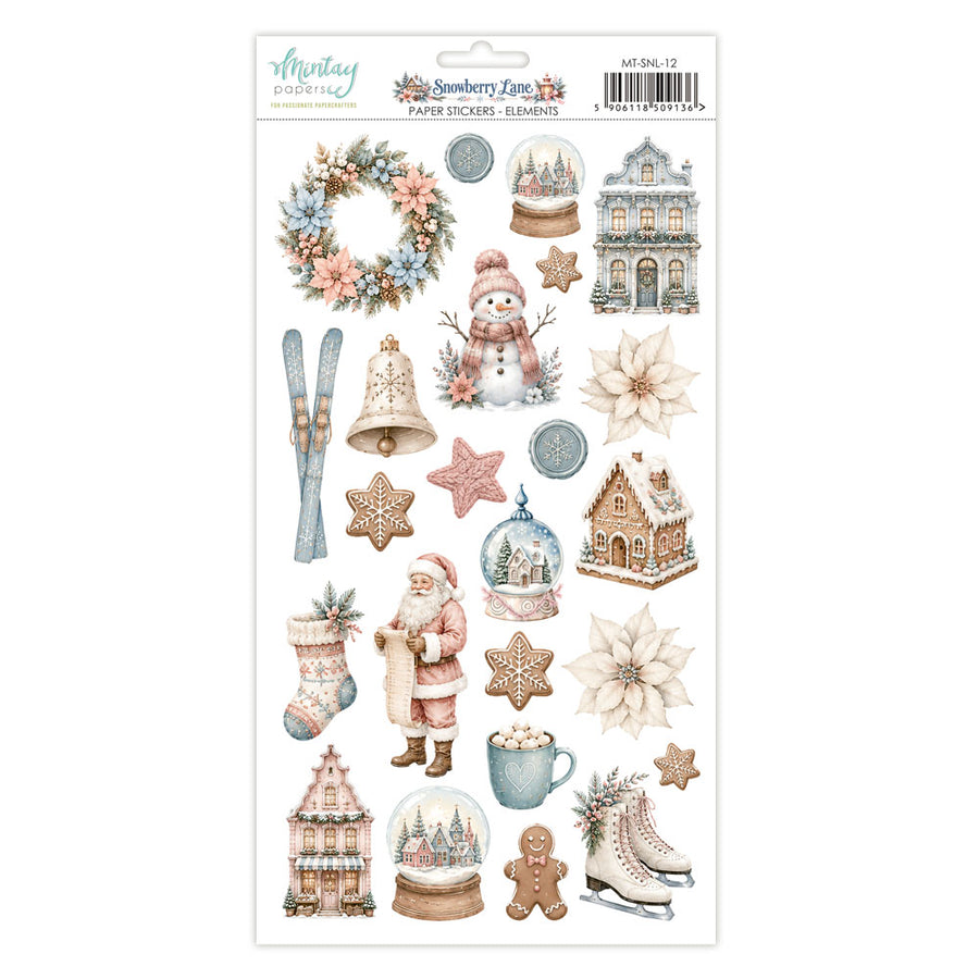 A sheet of decorative holiday stickers from Mintay Papers Snowberry Lane collection, featuring winter illustrations like a wreath, snowman, gingerbread house, Santa Claus, snow globe, skis, bells, and stars on a white backing card.