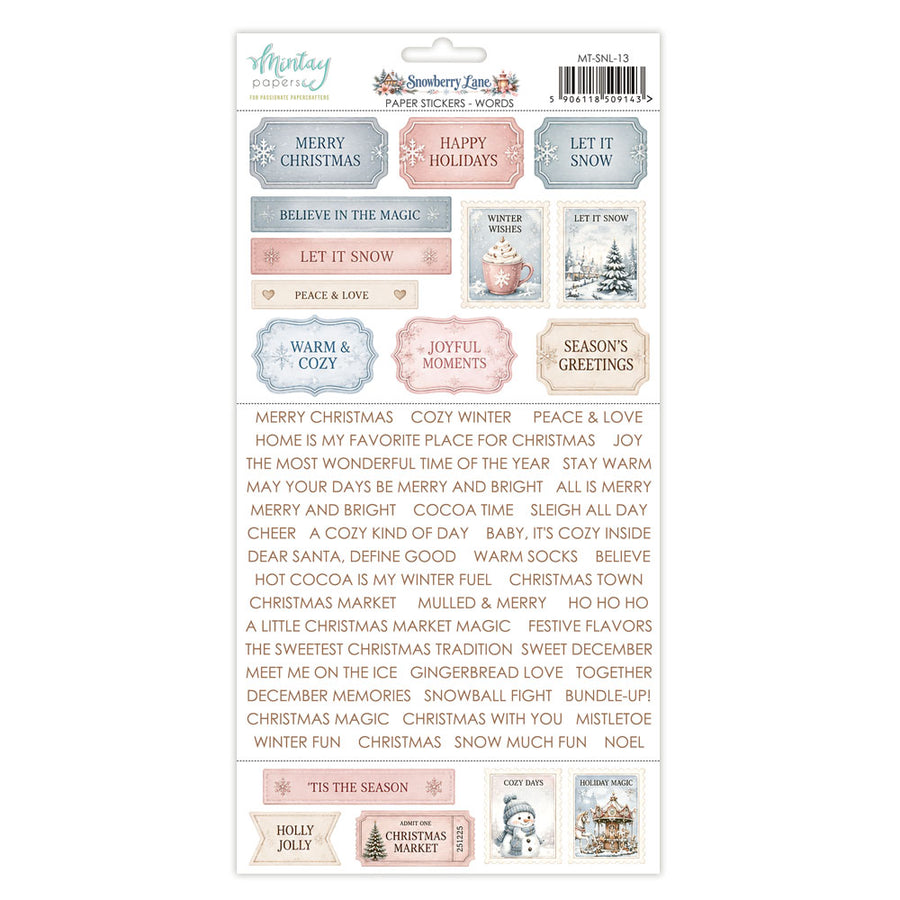 A sheet of Mintay Papers 'Snowberry Lane' paper stickers featuring various Christmas-themed labels and illustrations in pastel colors, with a list of included sticker designs printed below on the backing card.