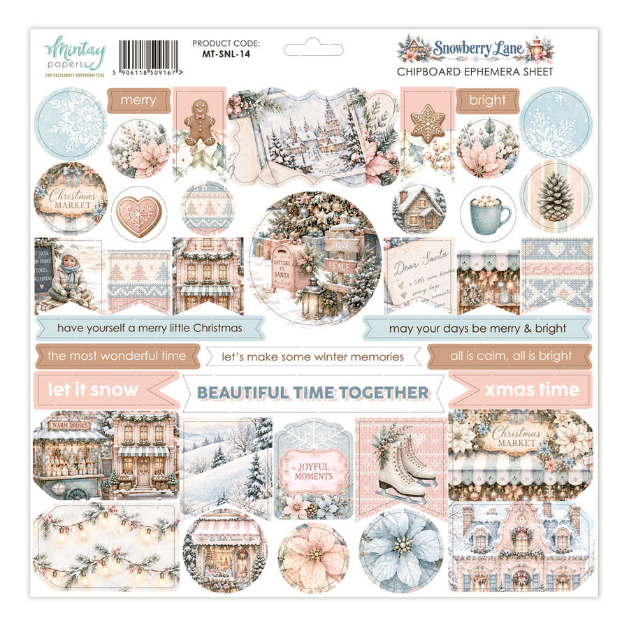 Snowberry Lane Christmas Chipboard Ephemera Sheet MT-5N1L-14 featuring various round and rectangular decorative chipboard pieces with winter-themed illustrations, including snowy houses, Christmas markets, gingerbread cookies, snowflakes, and pastel text banners.