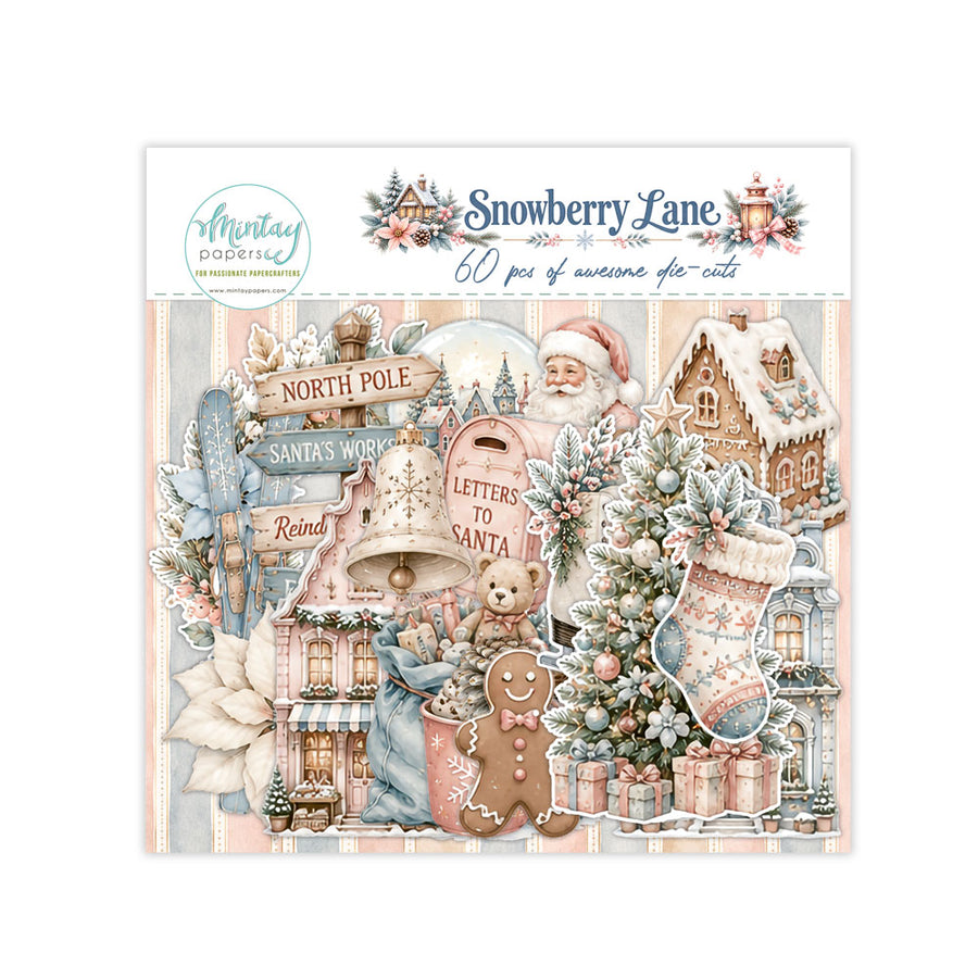 A square product card for a Christmas-themed die-cut packt titled 'Snowberry Lane' by Mintay Papers. The card shows a collage of festive die-cut elements including Santa, a Christmas tree, stockings, gingerbread cookies, houses, signs, and gifts in soft pastel colors on a white background.