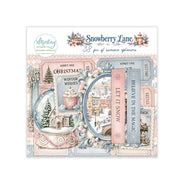 A packaged ephemera pack titled 'Snowberry Lane' with a winter-themed collage of vintage labels, snow globe scenes, trees, and pastel decorative elements. The package header shows the brand 'Mintay Papers.