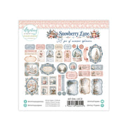 The back cover of Mintay Papers 'Snowberry Lane' ephemera pack, featuring 38 pieces of vintage-style holiday stickers with illustrations of snowy landscapes, trees, and decorative labels.