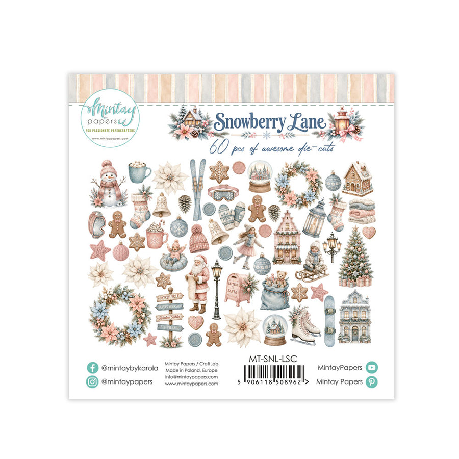 Mintay Papers 'Snowberry Lane' 60-piece die cut sheet featuring various winter-themed illustrations including gingerbread houses, wreaths, snow globes, and Christmas trees in a soft pastel palette.