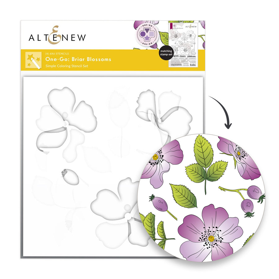 Altenew One-Go: Briar Blossoms simple colouring stencil set shown with a white template sheet featuring floral cutout shapes and a circular sample of the printed floral pattern, on a white background.