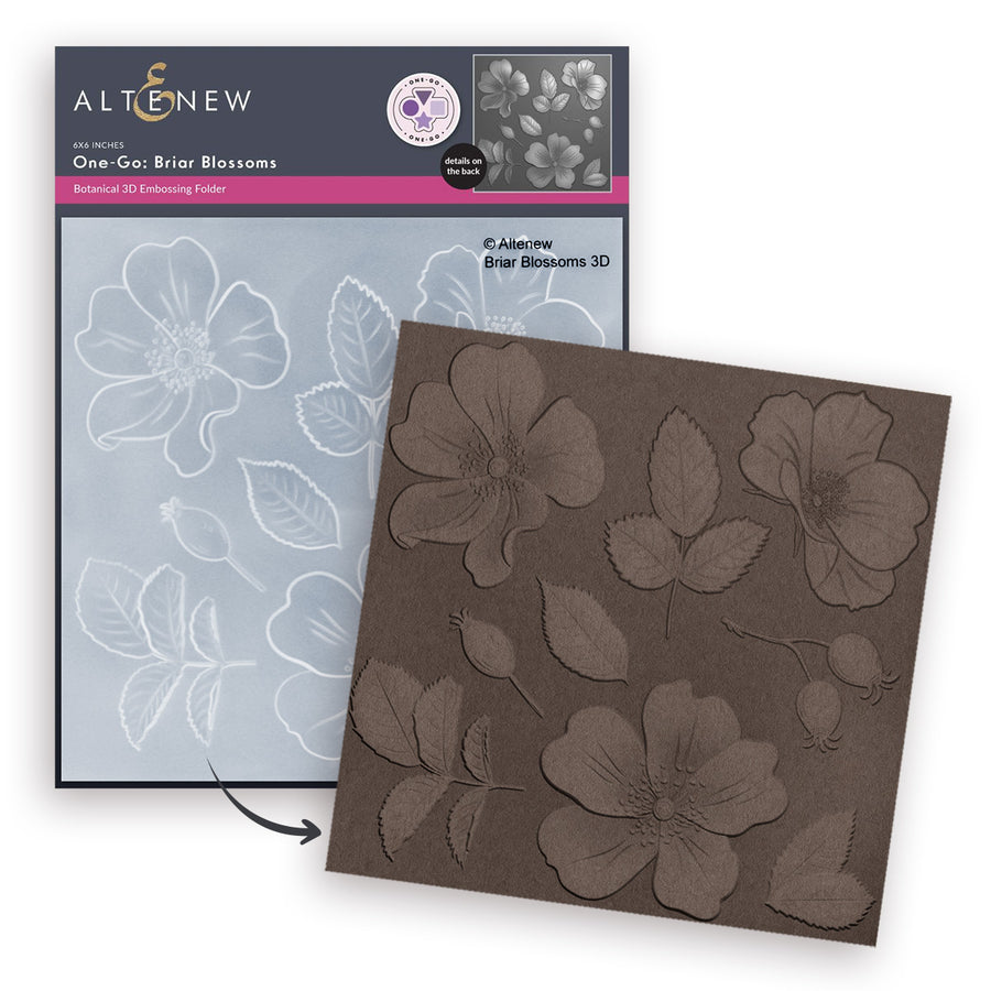 Altenew One-Go: Bior Blossoms 3D embossing folder showing the dark brown embossed floral cardstock sheet in front of the gray packaging with white embossing line art.