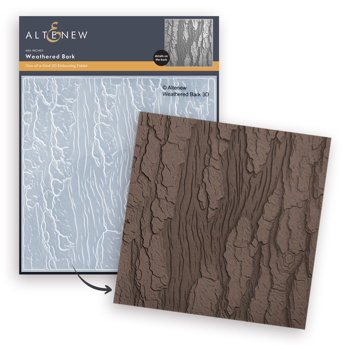 Altenew Weathered Bark 3D embossing folder in two shades: a light icy blue version shown on the backing card, and a dark brown textured bark version shown as a flat sample card in the foreground.
