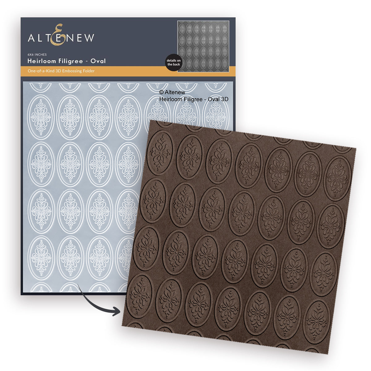  Altenew Heirloom Filigree - Oval 3D embossed paper sheet shown next to its retail packaging. The sheet is dark brown with a repeating oval floral pattern, and the packaging displays the white embossed pattern on a light gray background.
