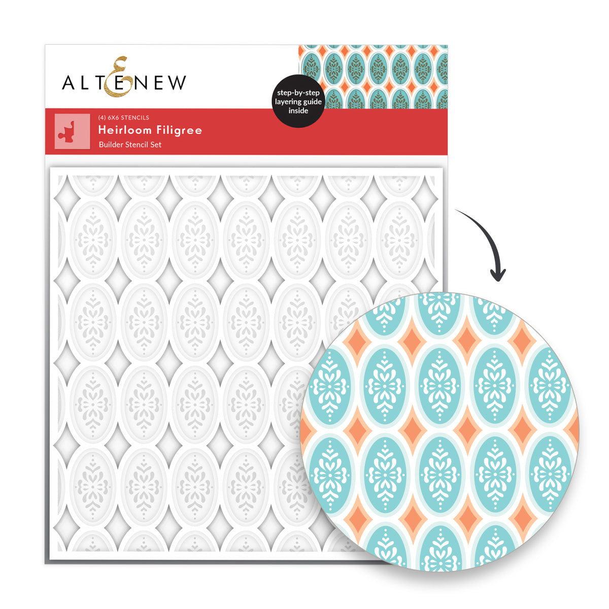 Altenew Heirloom Filigree Stencil Set package shown on a white background, with a circular inset demonstrating the resulting patterned fabric design in aqua, coral, and white.