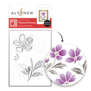 Altenew Painted Petals Builder Stencil Set, featuring a package of 20 stencils and a circular graphic showing the floral pattern created when the stencils are applied.