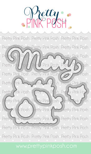 A product listing graphic for a die-cut craft stamp or cutting mat design reading 'Merry Christmas' in cursive script, shown on a white background with repeated 'Pretty Pink Posh' watermarks and a green website bar at the bottom. Pretty Pink Posh Merry Greetings Coordinating Dies