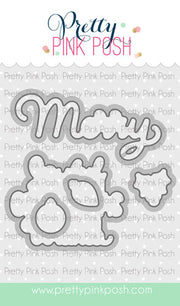 A product listing graphic for a die-cut craft stamp or cutting mat design reading 'Merry Christmas' in cursive script, shown on a white background with repeated 'Pretty Pink Posh' watermarks and a green website bar at the bottom. Pretty Pink Posh Merry Greetings Coordinating Dies