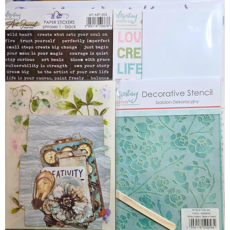 A square pack with the brand name 'Mintay Papers' with a stencil, stickers, die cut elements and other papercraft products