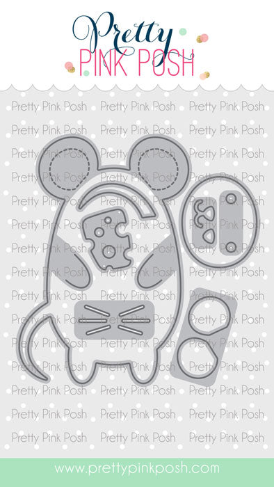 A craft die set featuring a gray mouse-shaped outline with cutout sections, shown on a white patterned background with the brand name Pretty Pink Posh at the top and website text at the bottom. Pretty Pink Posh Mouse Holder Dies