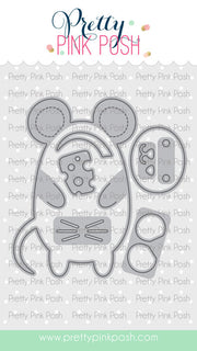 A craft die set featuring a gray mouse-shaped outline with cutout sections, shown on a white patterned background with the brand name Pretty Pink Posh at the top and website text at the bottom. Pretty Pink Posh Mouse Holder Dies