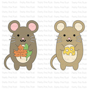 Two cute cartoon mice on a white background with a repeating 'Pretty Pink Posh' watermark. The left mouse is brown with pink ears and holds an orange leaf with green leaves. Pretty Pink Posh Mouse Holder Dies