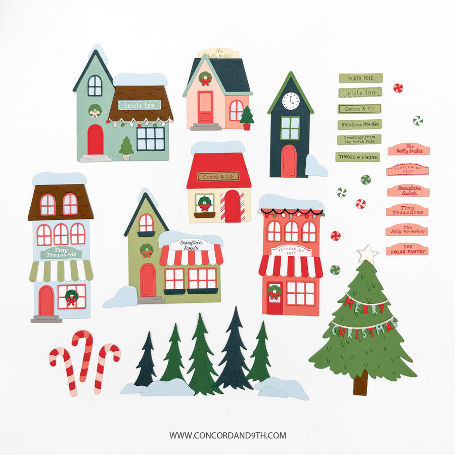 A Christmas village clipart set featuring illustrated houses, candy canes, pine trees, snow, signs, and holiday decorations on a white background.