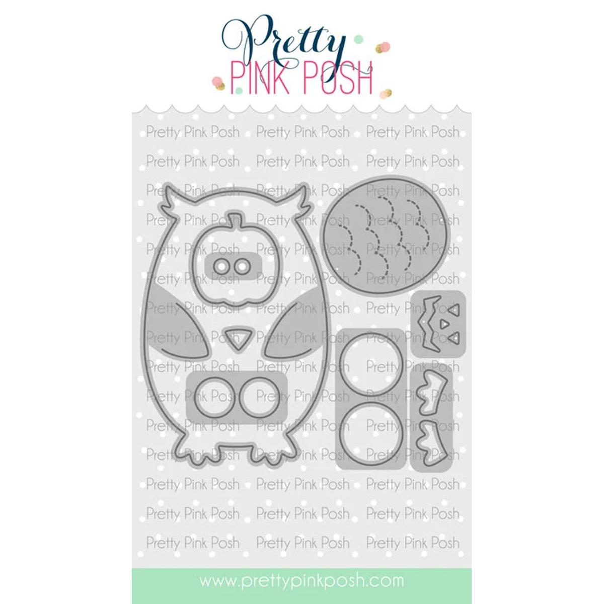 A craft die set called Owl Holder from Pretty Pink Posh featuring an owl and circular embellishments, shown on a white background with the brand name 'Pretty Pink Posh' at the top and a website banner at the bottom.