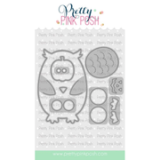 A craft die set called Owl Holder from Pretty Pink Posh featuring an owl and circular embellishments, shown on a white background with the brand name 'Pretty Pink Posh' at the top and a website banner at the bottom.