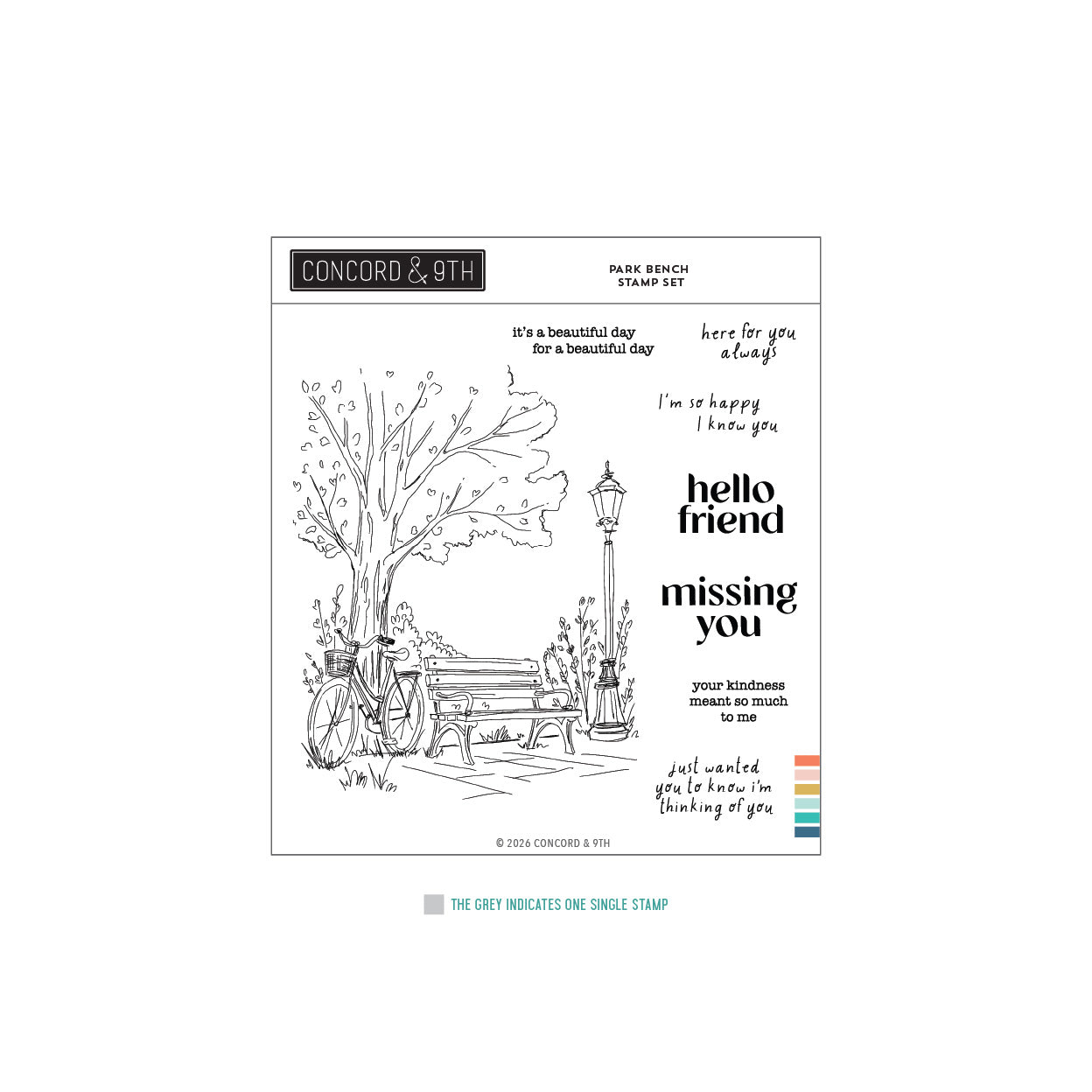 A product presentation of the Concord & 9th 'Park Bench Stamp Set' featuring a black and white line art illustration of a park bench under a tree with a bicycle, alongside various sentimental text stamps like 'hello friend' and 'missing you'.