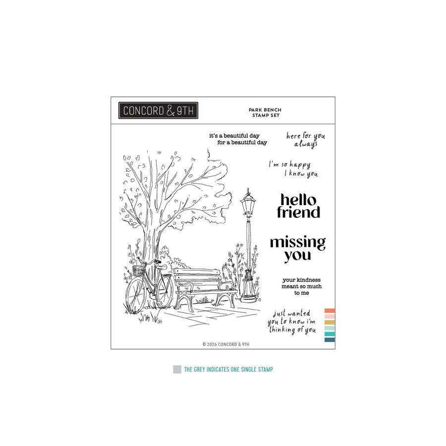 A product presentation of the Concord & 9th 'Park Bench Stamp Set' featuring a black and white line art illustration of a park bench under a tree with a bicycle, alongside various sentimental text stamps like 'hello friend' and 'missing you'.