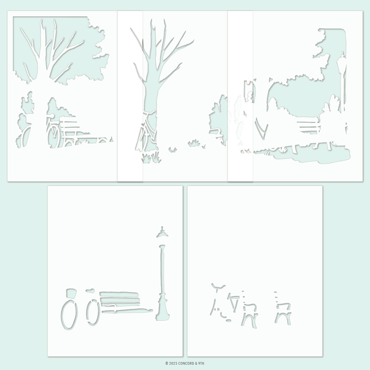 A set of six white die-cut paper stencils featuring minimalist park and street scene illustrations, including trees, benches, lampposts, and figures, arranged on a pale mint green background. Concord & 9th Park Bench Stencil Pack